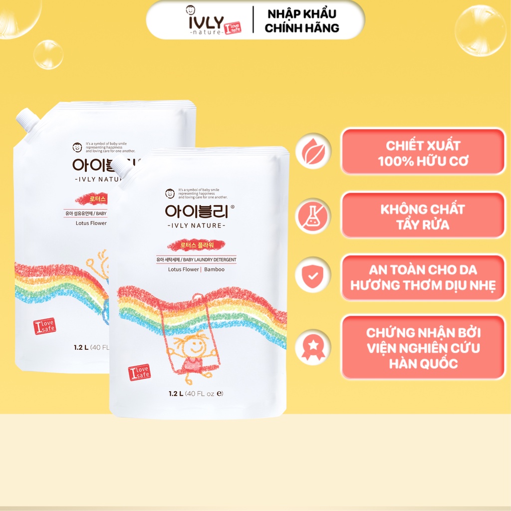 Combo nước giặt và nước xả vải hữu cơ IVLY NATURE hương hoa sen và tinh chất tre dạng túi dung tích 1200ml