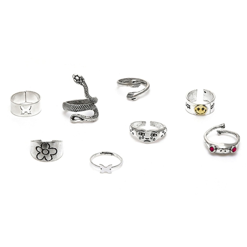 Set 8 Nhẫn Đeo Tay Họa Tiết Mặt Cười / Rắn / Bướm Phong Cách Retro
