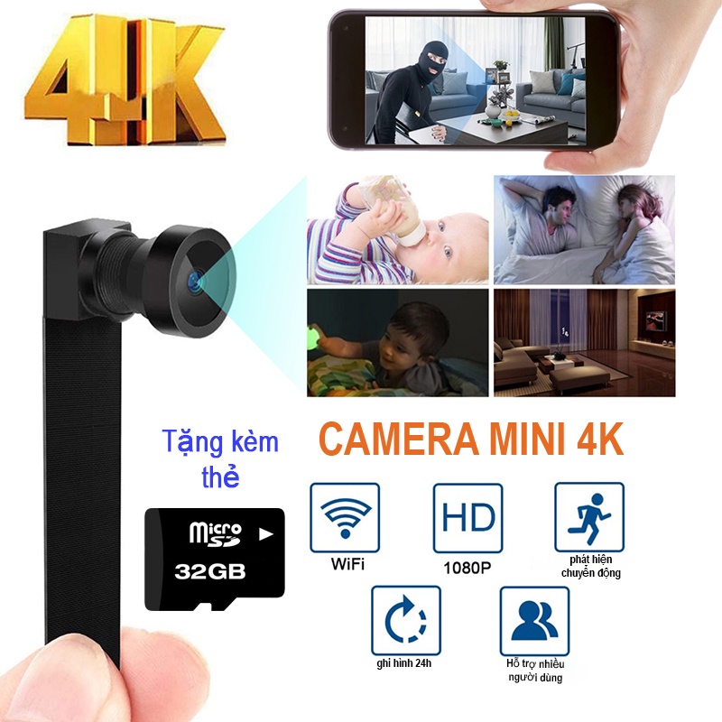 Tặng thẻ 32GB Camera mini wifi Fullhd 4K kết nối điện thoại không dây giấu siêu nhỏ hành trình kín quay phim Minivan V20