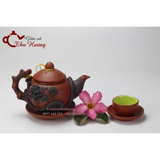 Bộ ấm chén Bát Tràng_Bộ bình trà gốm hoa văn đắp nổi đất đỏ
