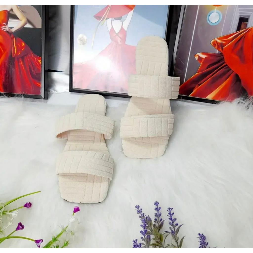 Dép lê nữ quai NGANG nhung gân đế bệt