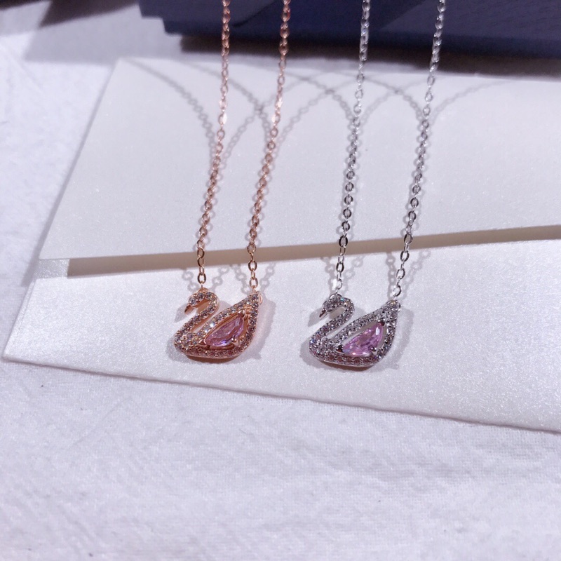 Swarovski Dây Chuyền Mạ Bạc 925 Mặt Thiên Nga Đính Kim Cương Hồng Sang Trọng