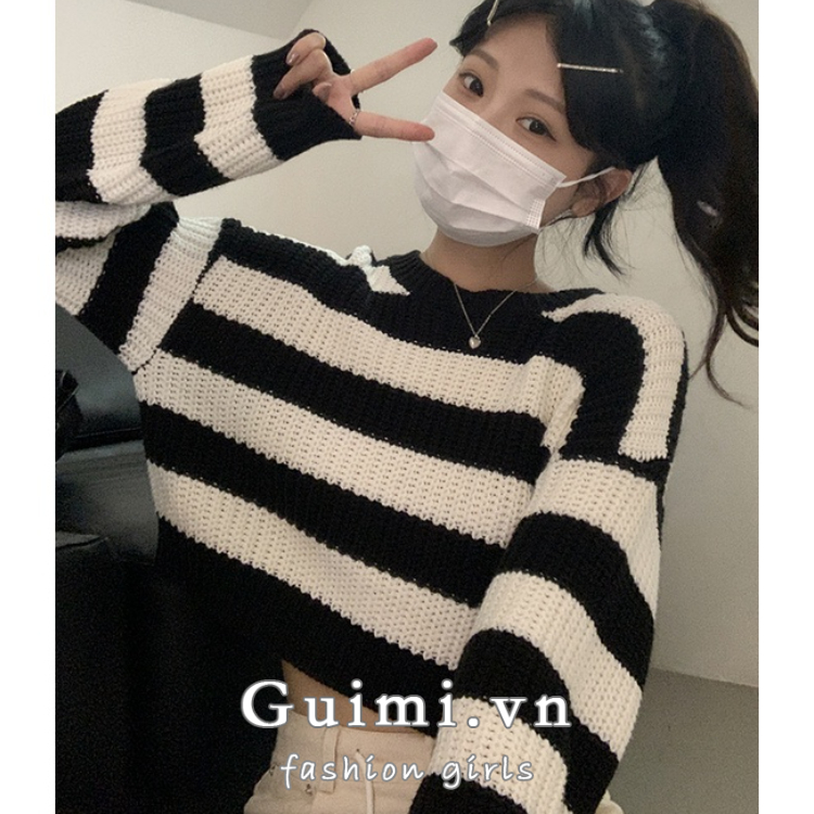 Áo Len Nữ Dài Tay Cổ Tròn Sọc Ngang Thời Trang Hàn Mới