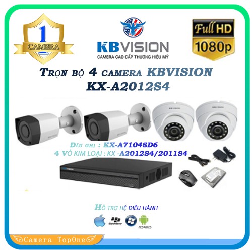 Trọn bộ 4 camera KBVISION KX-A2012S4 Full HD 1080p kèm HDD 500G - Vỏ kim loại