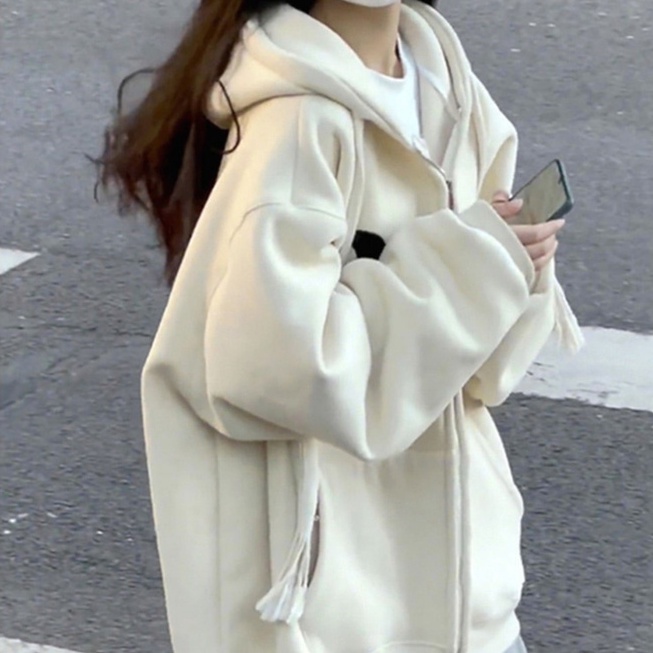 ZHELIHANGFEI Áo Khoác Tay Dài Có Nón Phối Khóa Kéo Phong Cách Nhật Bản