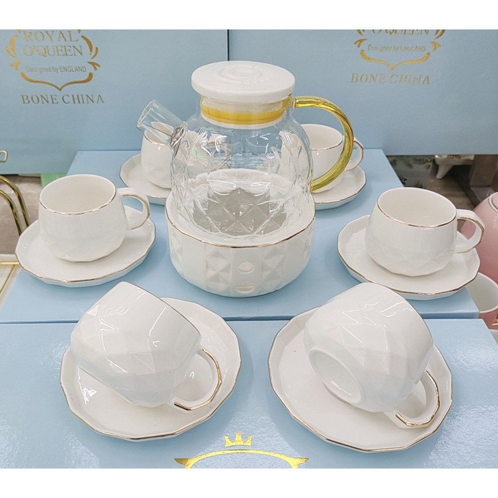 BỘ ẤM CHÉN CÓ LÓT TÁCH KÈM KHAY VÀ BẾP CHÂM TRÀ MÀU TRẮNG VIỀN VÀNG