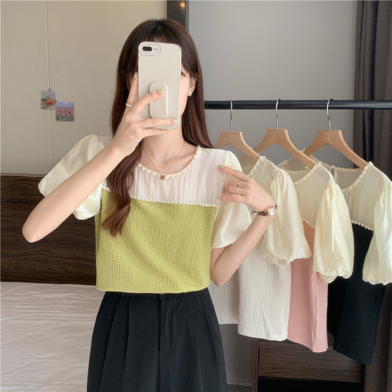 Áo Kiểu Tay Phồng Phối Lưới Đính Ngọc Trai Thiết Kế Mới Thời Trang Mùa Hè Cho Nữ