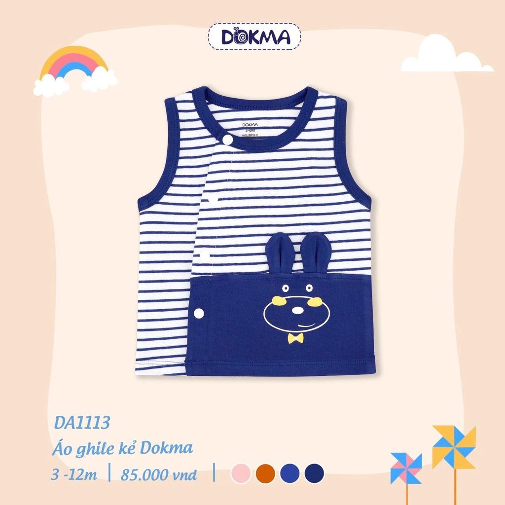 Áo gile Cotton dày Dokma 1 lớp họa tiết kẻ phối tai thú cho bé 3-12 tháng