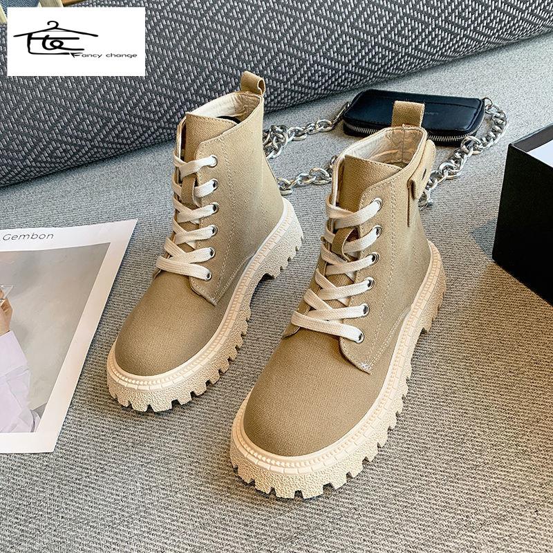Giày bốt martin vải bạt cột dây đế dày Anh Quốc thời trang hè thoải mái dễ phối đồ thích hợp cho nữ 2022