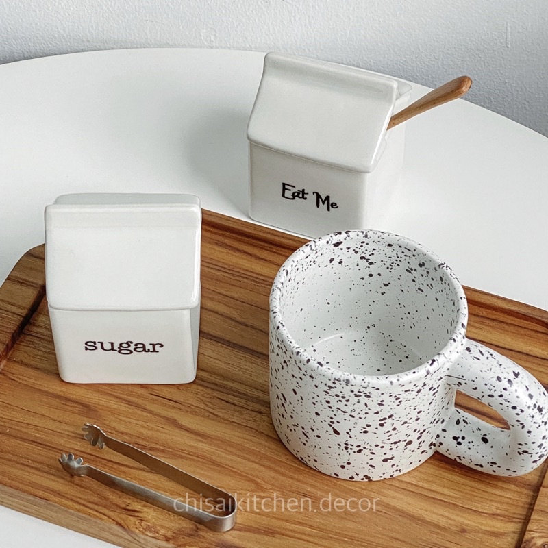 Hũ gia vị gốm trắng vintage, Hũ gia vị nhà bếp in chữ, Lọ đường sữa.