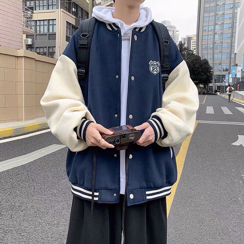 Áo Khoác Bomber nỉ bông ROUTE 23 màu XANH 🎏 Nam nữ unisex 🖤 Áo khoác form rộng