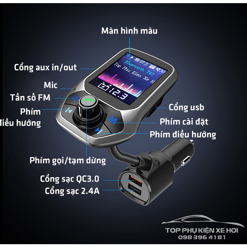 Tẩu nghe nhạc bluetooth T43 màn hình màu, AUX in/out, nhạc lossless