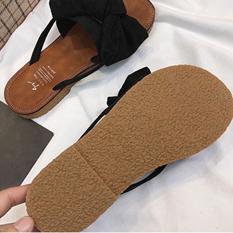 Dép Sandal Xỏ Ngón Đế Bệt Đính Nơ Dễ Thương Cho Nữ