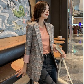 Áo Khoác Blazer Họa Tiết Sọc Caro Phong Cách Hàn Quốc Thời Trang Mùa Xuân Mới Cho Nữ 2021
