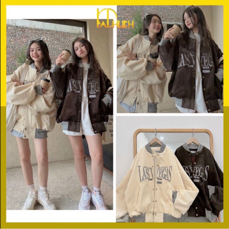 Áo khoác bomber nhung tăm LASVEGAS form rộng tay phồng