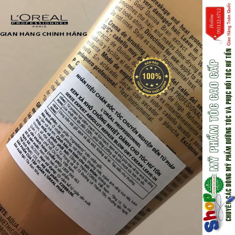 [L'oreal-chínhhãng] Kem xả khô chống nhiệt L'oreal Serie Expert Gold Quinoa Protein Absolut Repair 125ml