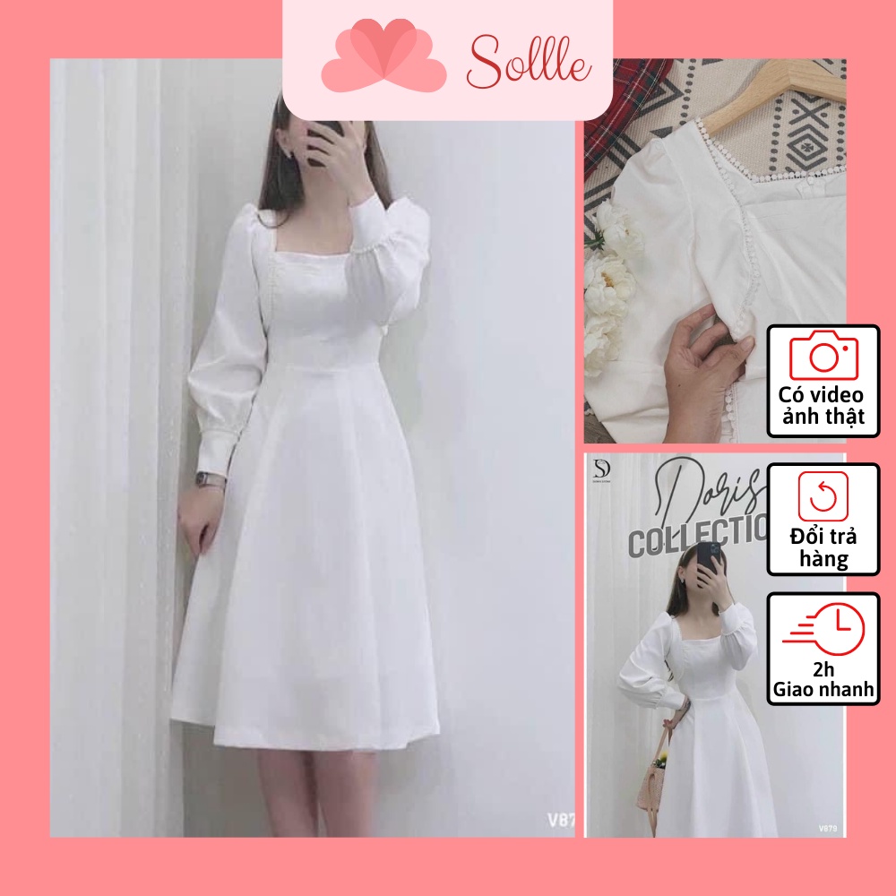 Đầm thiết kế váy trắng cổ vuông phối ren hạt tay bồng tiểu thư chun lưng Hàn Quốc Sollle