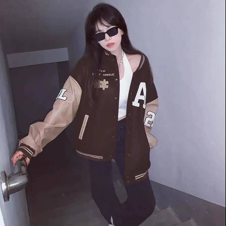 Áo Khoác Bóng Chày Màu Nâu In Họa Tiết Phong Cách Retro Nhật Hàn Thời Trang Xuân Thu Cho Nam Và Nữ