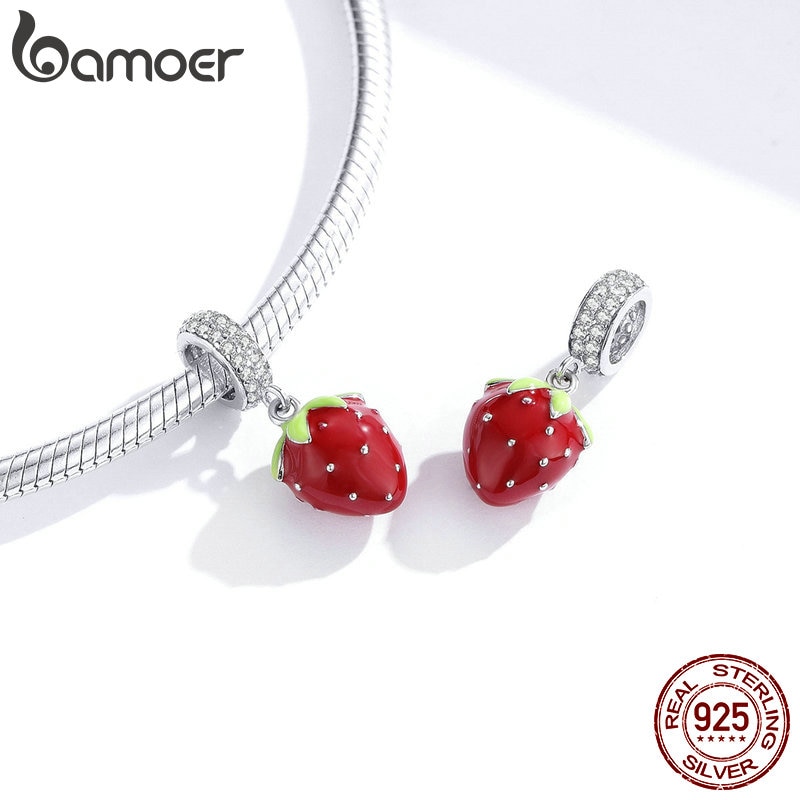 Hạt Charm Bamoer SCC1537 Hình Quả Dâu Tây Đỏ Tráng Men Dùng Để Làm Mặt Trang Sức Vòng Tay