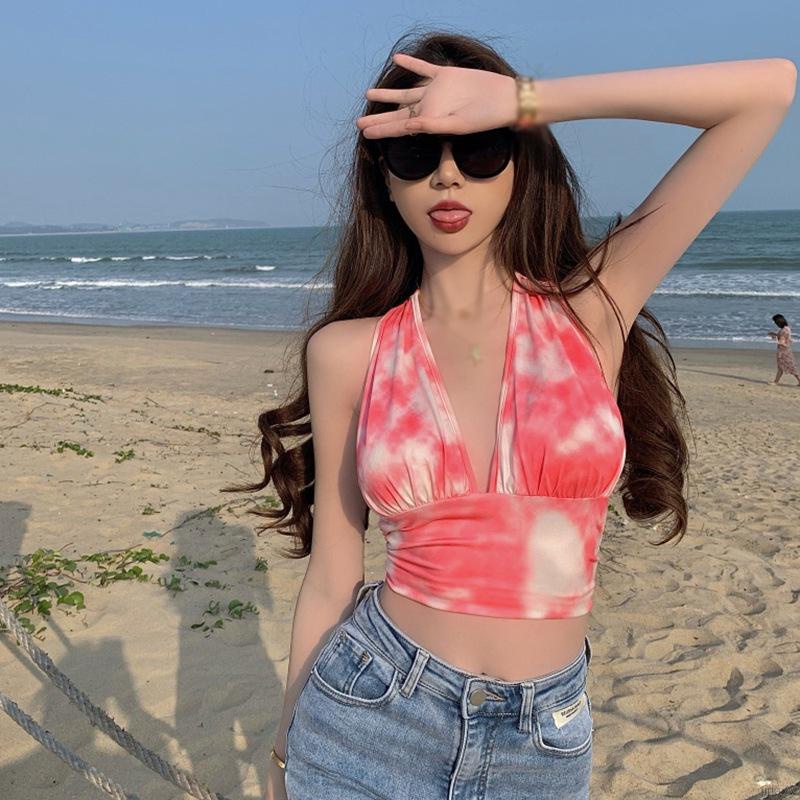 Áo Croptop Hai Dây Cổ Chữ V Dáng Ôm Hở Lưng Màu Nhuộm Phong Cách Hàn Quốc Quyến Rũ Cho Nữ