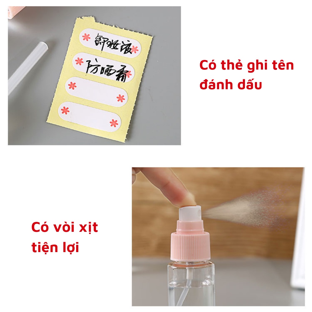 Bộ lọ chiết mỹ phẩm du lịch set 6 lọ nhỏ nhắn có túi zip và sticker xinh xắn dễ thương