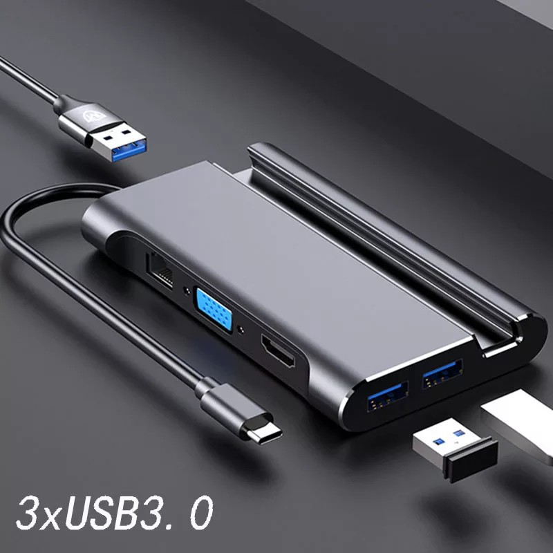 Cáp chuyển USB Type-C ra HDMI, VGA, Ethernet, AUX, USB 3.0 L1037 - có khay giữ điện thoại