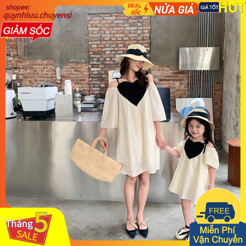 MB13 - VÁY ĐÔI MẸ BÉ SUÔNG BE TIM ĐEN