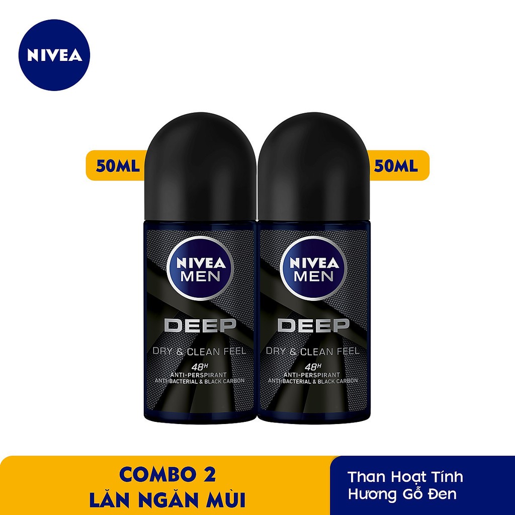 Bộ đôi Lăn ngăn mùi NIVEA MEN Deep than đen hoạt tính (50ml/chai) 80031