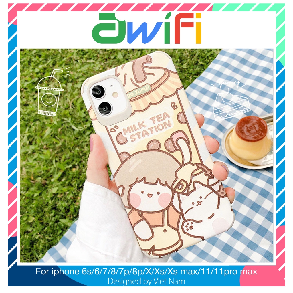 Ốp iphone - Ốp lưng da Auto Focus 4 góc Cô gái milk tea station 7/8/7plus/8plus/x/xs/xsmax/11/11promax - Awifi Case V5-6