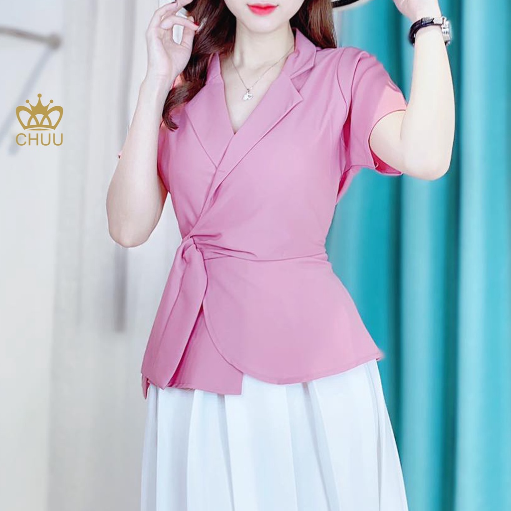 Áo peplum cổ vest kiểu cột nơ eo chun lưng giấu bụng CHUU A6929