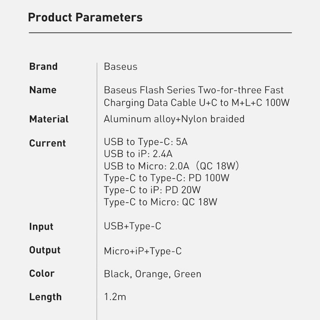 Cáp sạc nhanh 3 đầu Baseus Flash Series 3 in1 Plus