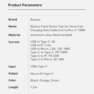 Cáp sạc nhanh 3 đầu Baseus Flash Series 3 in1 Plus (USB + Type-C to M+L+C, 100W Quick Charge and Data Cable)