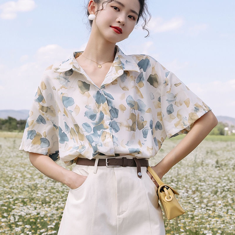 Áo Sơ Mi Chiffon Tay Ngắn Dáng Rộng Họa Tiết Hoa Phong Cách Hong Kong Cá Tính
