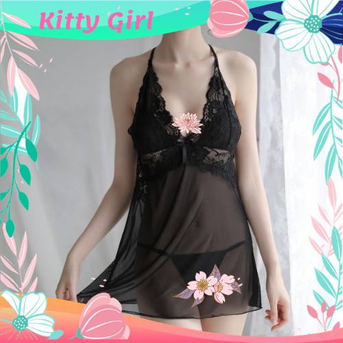 Bộ Váy Ngủ Xuyên Thấu Phối Ren Ngực Xẻ Sâu Kèm Quần Chip Lọt Khe Sexy VN11 | BigBuy360 - bigbuy360.vn