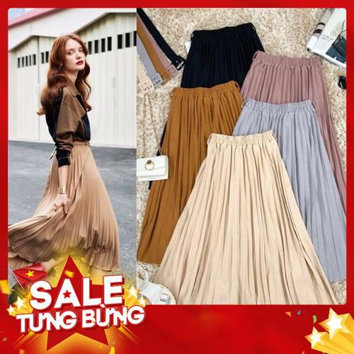 Chân váy midi xếp ly trơn kèm belt/chân váy xếp ly da lộn dáng dài -Hàng nhập khẩu