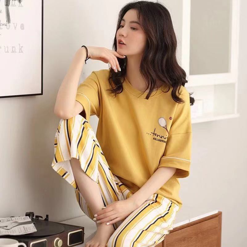 ▫✤Bộ đồ ngủ cotton tinh khiết dành cho phụ nữ mùa hè quần cắt ngắn, áo chui đầu mỏng, phục vụ ở nhà xuân-thu-hè