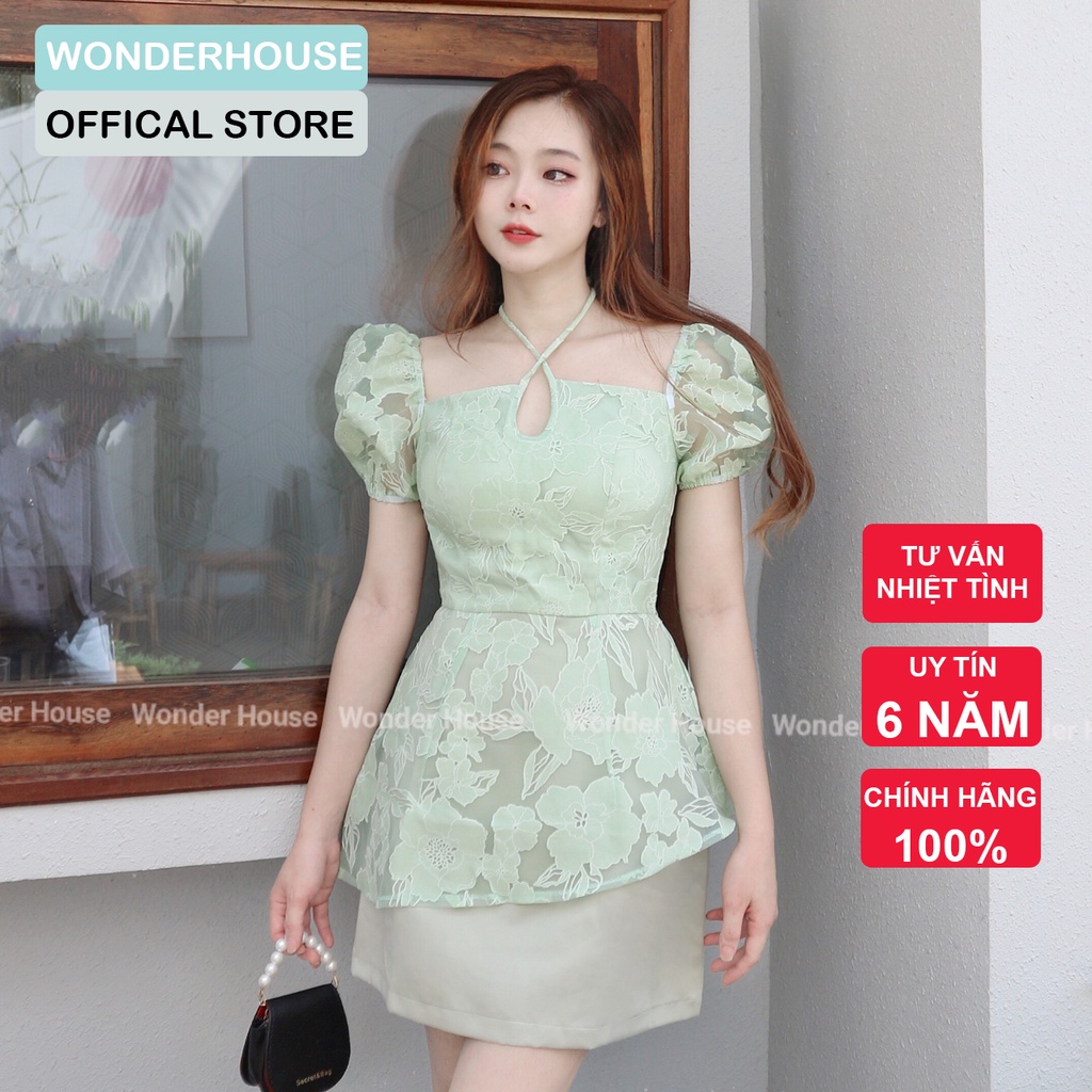 Đầm thiết kế Wonderhouse cổ yếm tay phồng form xuông giả váy chất liệu họa tiết thêu hoa sang chảnh - Lucia Dress