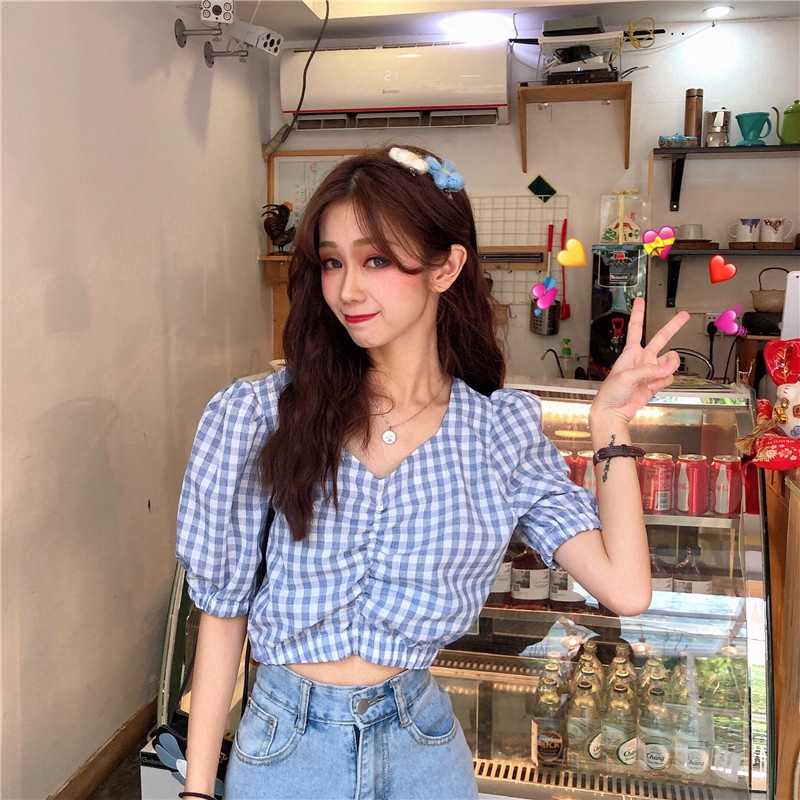 IELGY   Áo Cổ Chữ V Tay Phồng Họa Tiết Kẻ Sọc