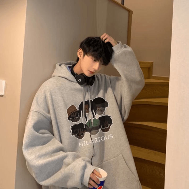 Áo Hoodie Thể Thao Dáng Rộng In Họa Tiết Hoạt Hình Phong Cách Hip Hop Đường Phố Hàn Quốc Cho Nam