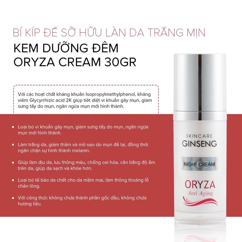 Kem dưỡng Oryza đêm, dưỡng trắng cấp ẩm cho da 30ml