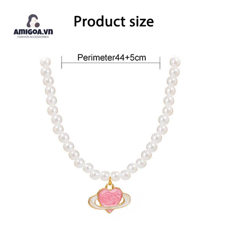 ✨✨Vòng cổ Mặt Hình Hành Tinh Trái Tim Màu Hồng Đính Ngọc Trai Phong Cách Dành Cho Nữ