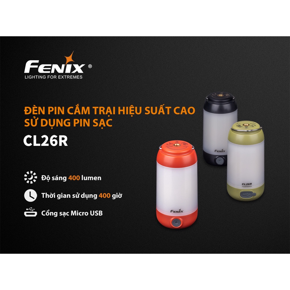 Đèn pin cắm trại FENIX CL26R 400 lumen sạc USB sử dụng 1 pin 18650 2600mAh