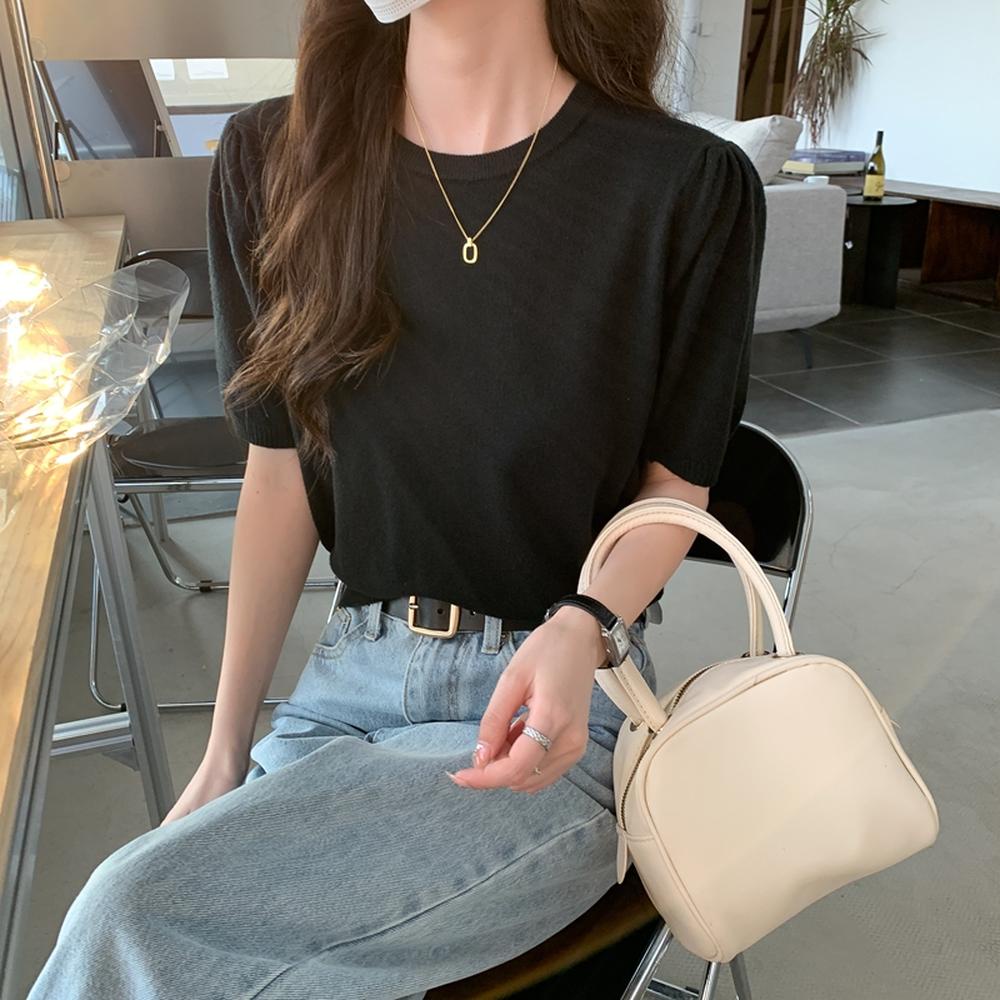 Áo Thun Dệt Kim Tay Ngắn Cổ Tròn Màu Trơn Phong Cách Mới 50195