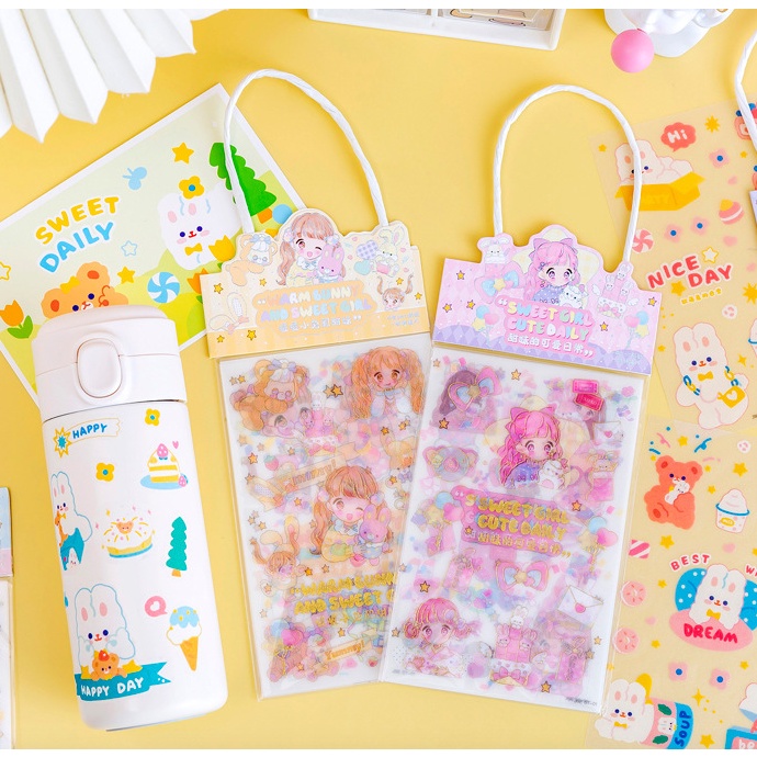Túi Sticker Có Quai Xách Hình Cô Gái / Thỏ/ Gấu - Set 3 Tấm Sticker Phong Cách Hàn Quốc Siêu Dễ Thương
