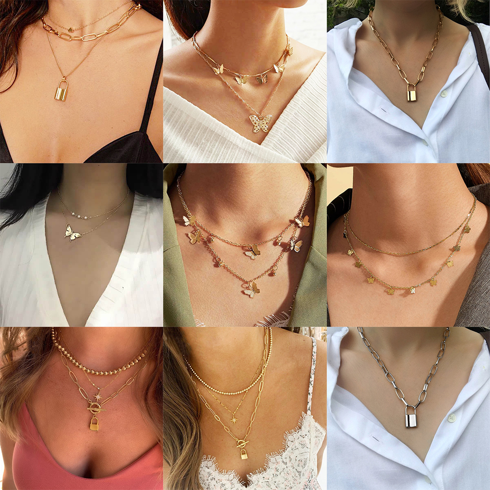 Dây chuyền choker nhiều lớp màu vàng phối mặt hình bướm/ ổ khóa phong cách Bohemian kiểu Hàn Quốc thời trang cá tính