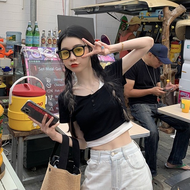 QADCOL Áo thun tay ngắn hai lớp phong cách Hàn Quốc cho nữ