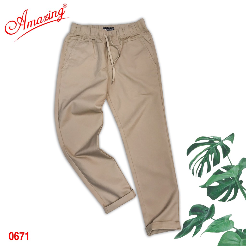 Quần ống suông Baggy, chất liệu kaki co giãn cao cấp, thương hiệu Amazing, lưng thun, phong cách Unisex Hàn Quốc