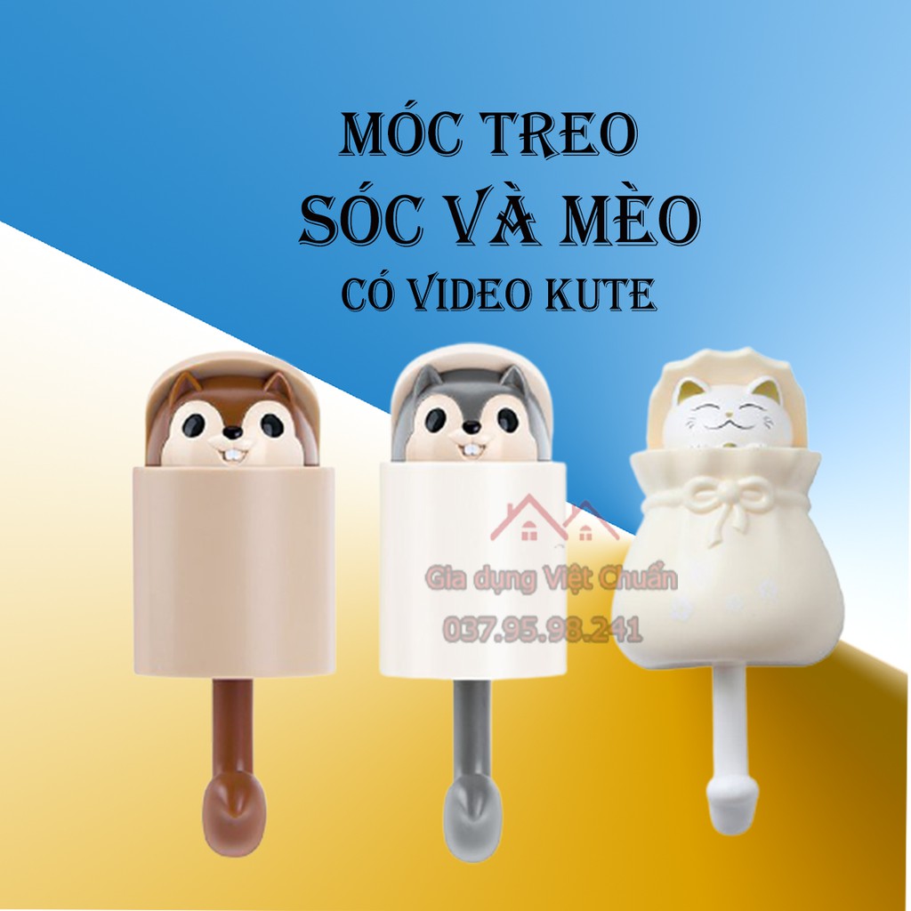 Móc treo chìa khóa hình con sóc hoặc mèo dán tường ngộ nghĩnh đáng yêu chịu lực sk319