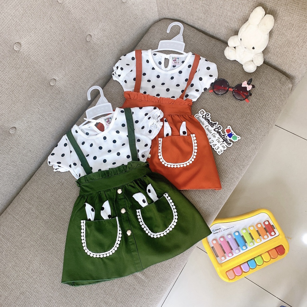 Set Váy Áo -Áo Trắng Chấm Bi Phối Váy Yếm Họa Tiết Tai Thỏ Xinh Yêu Đi Chơi, Đi Học Cho Bé 10-17kg