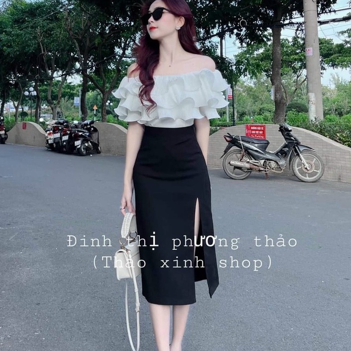 Set áo trễ vai xếp ly bèo kèm chân váy xẻ tà phong cách tiểu thư công sở sang chảnh đầm váy nữ đi chơi dự tiệc